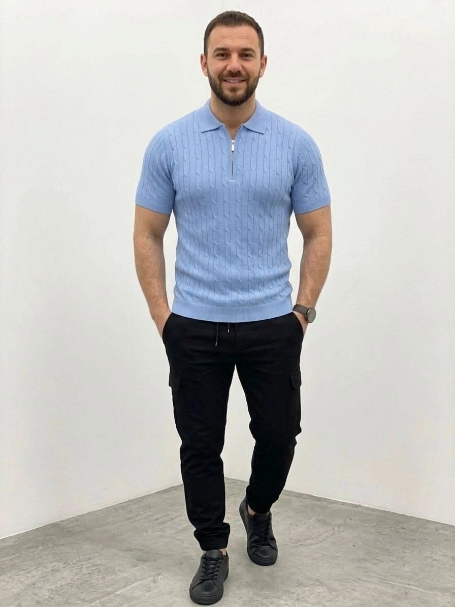 Fantastik Store Erkek Yazlık Triko Saç Örgü Tişört Kısa Kol Polo Yaka Fermuarlı T-Shirt - Bebe Mavisi görsel 4