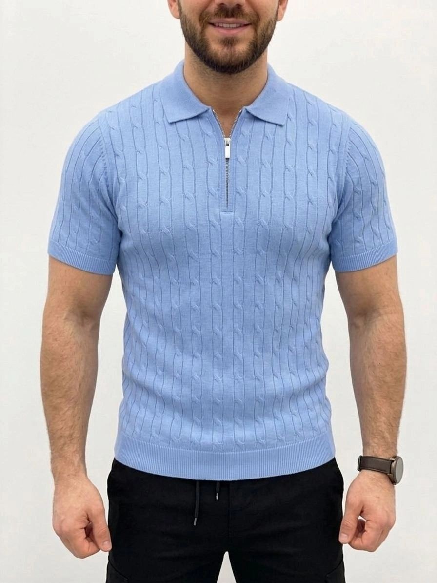 Fantastik Store Erkek Yazlık Triko Saç Örgü Tişört Kısa Kol Polo Yaka Fermuarlı T-Shirt - Bebe Mavisi görsel 5