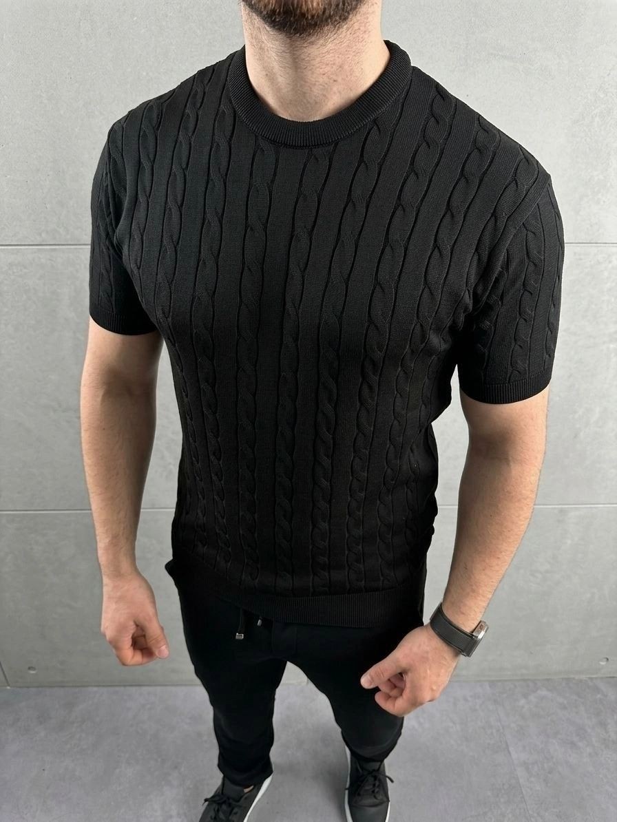 Fantastik Store Erkek Yazlık Triko Dokuma Tişört Kısa Kol Bisiklet Yaka Örgü Desenli T-Shirt - Siyah görsel 2