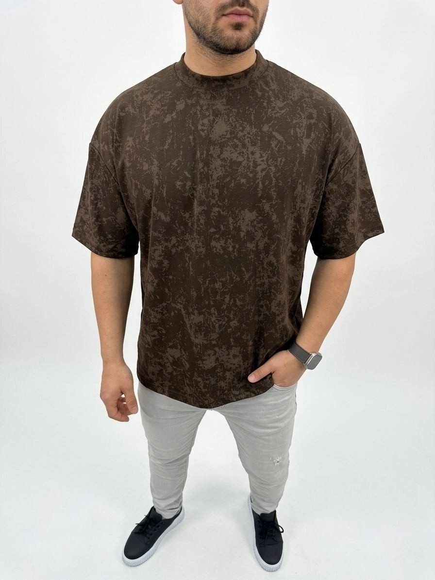 Fantastik Store Erkek Premium Tişört Osy Yumuşak Dokulu Yıkamalı Oversize T-Shirt - Kahverengi görsel 3