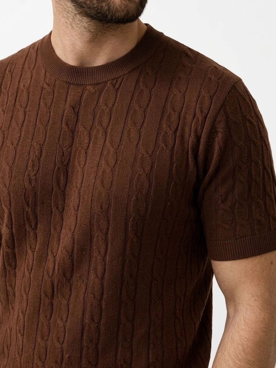Fantastik Store Erkek Yazlık Triko Dokuma Tişört Kısa Kol Bisiklet Yaka Örgü Desenli T-Shirt - Kahverengi görsel 5