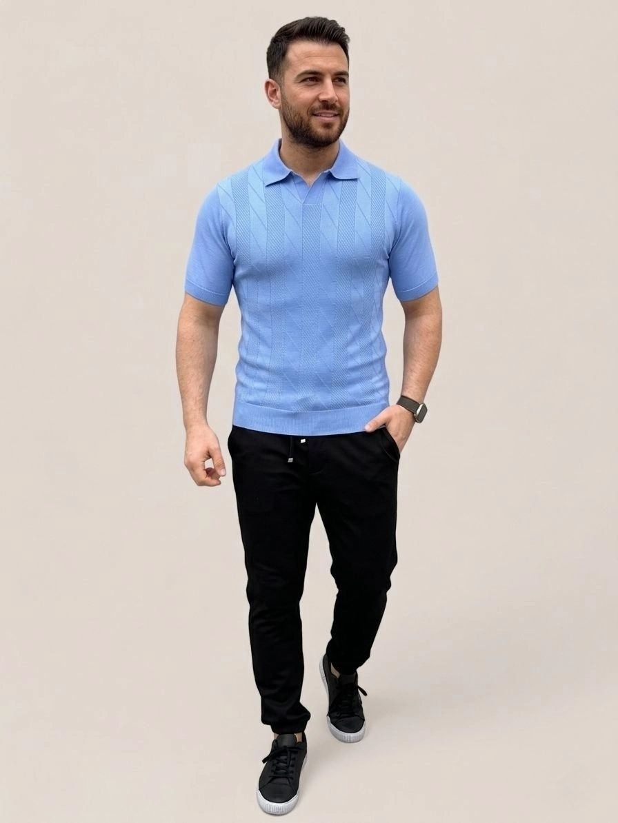 Fantastik Store Erkek Yazlık Triko Dokuma Tişört Kısa Kol Polo Yaka T-Shirt - Bebek Mavisi görsel 2