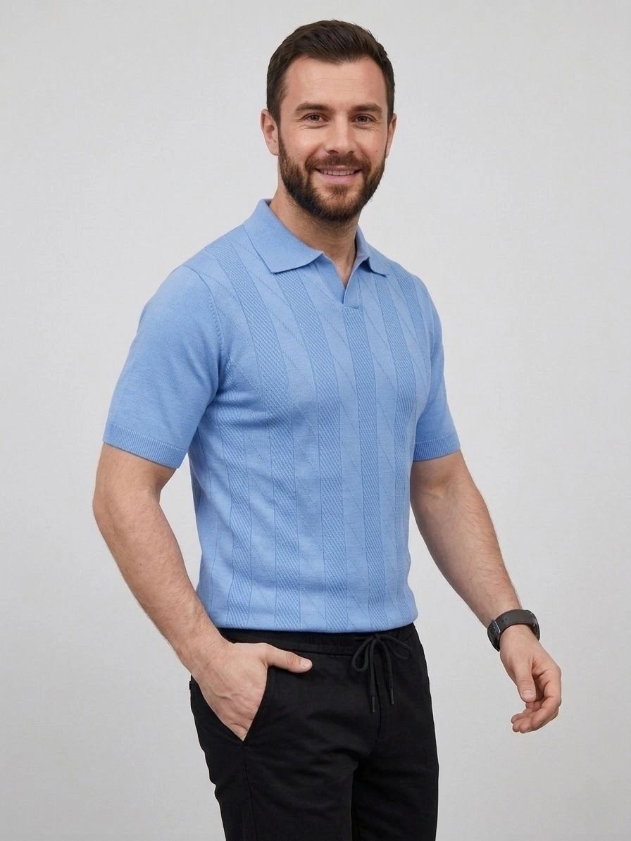 Fantastik Store Erkek Yazlık Triko Dokuma Tişört Kısa Kol Polo Yaka T-Shirt - Bebek Mavisi görsel 3