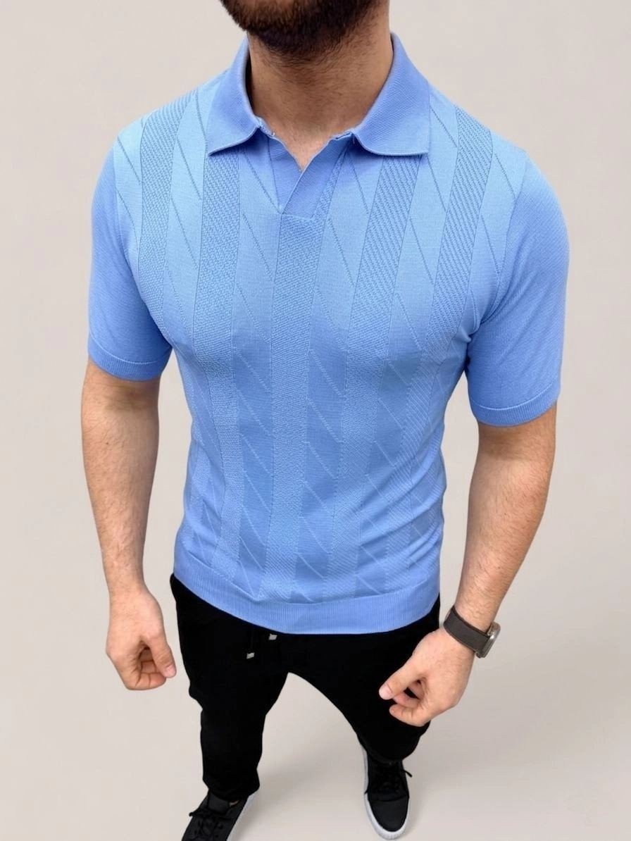 Fantastik Store Erkek Yazlık Triko Dokuma Tişört Kısa Kol Polo Yaka T-Shirt - Bebek Mavisi görsel 4