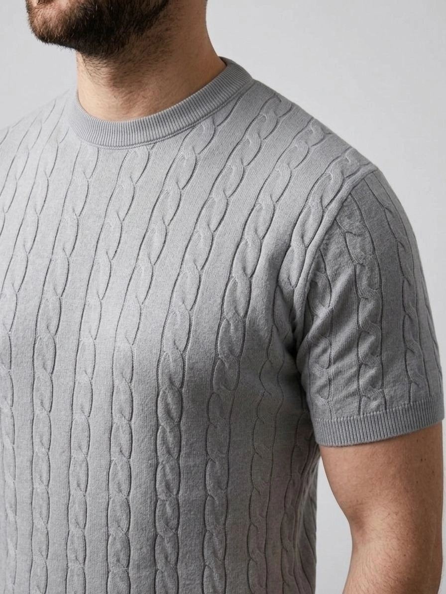 Fantastik Store Erkek Yazlık Triko Dokuma Tişört Kısa Kol Bisiklet Yaka Örgü Desenli T-Shirt - Gri