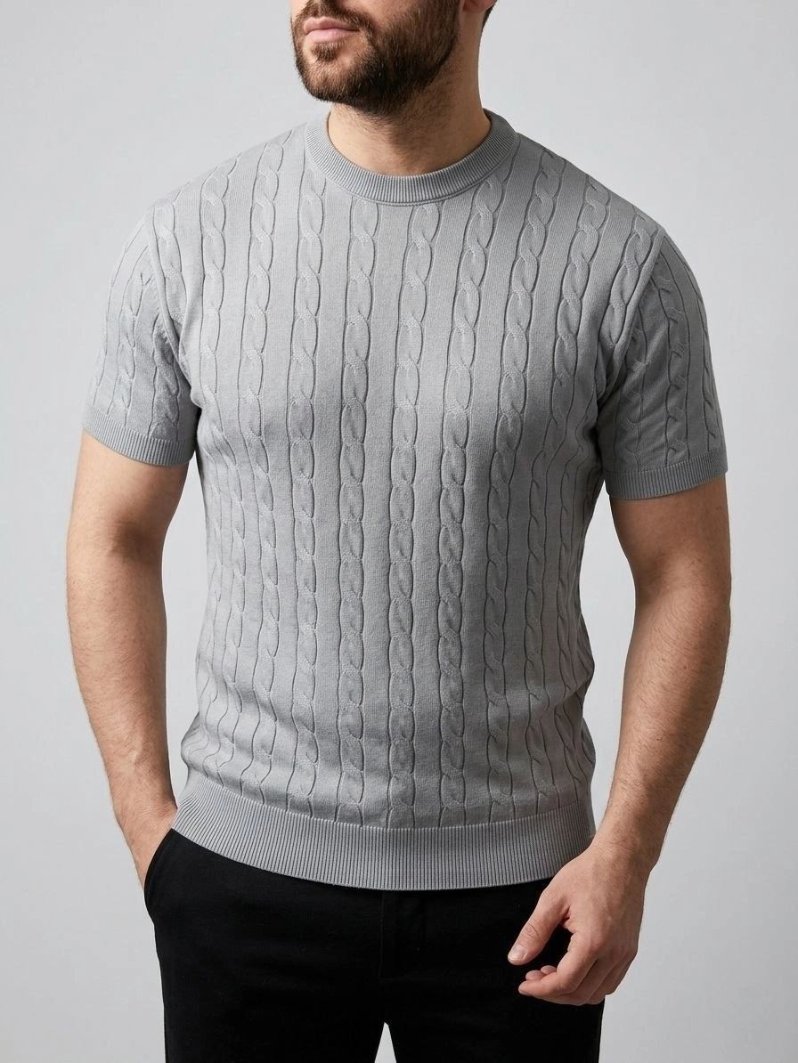 Fantastik Store Erkek Yazlık Triko Dokuma Tişört Kısa Kol Bisiklet Yaka Örgü Desenli T-Shirt - Gri görsel 3