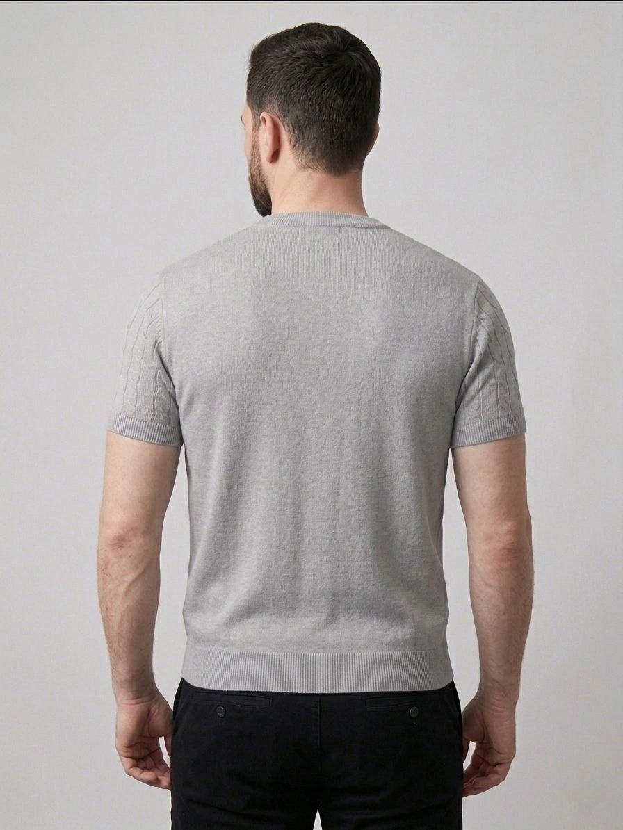 Fantastik Store Erkek Yazlık Triko Dokuma Tişört Kısa Kol Bisiklet Yaka Örgü Desenli T-Shirt - Gri görsel 5