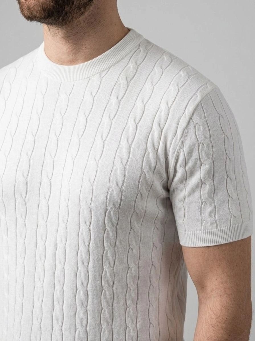 Fantastik Store Erkek Yazlık Triko Dokuma Tişört Kısa Kol Bisiklet Yaka Örgü Desenli T-Shirt - Beyaz