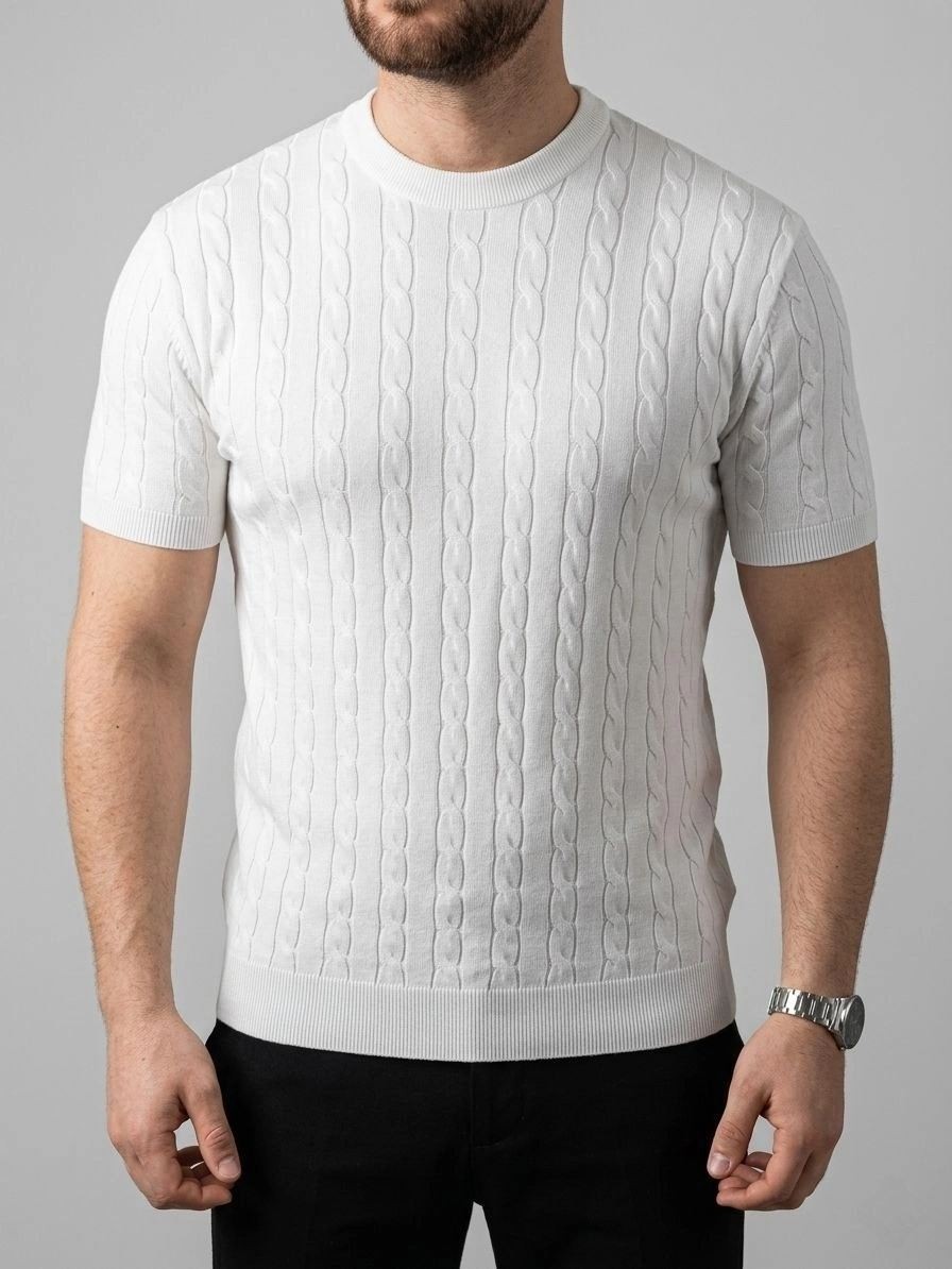 Fantastik Store Erkek Yazlık Triko Dokuma Tişört Kısa Kol Bisiklet Yaka Örgü Desenli T-Shirt - Beyaz görsel 5