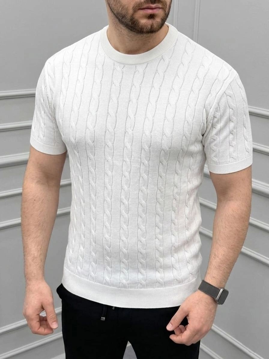 Fantastik Store Erkek Yazlık Triko Dokuma Tişört Kısa Kol Bisiklet Yaka Örgü Desenli T-Shirt - Beyaz görsel 6