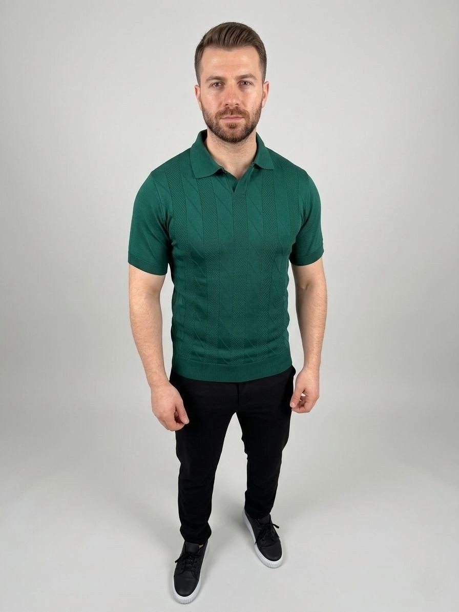 Fantastik Store Erkek Yazlık Triko Dokuma Tişört Kısa Kol Polo Yaka T-Shirt - Koyu Yeşil görsel 3