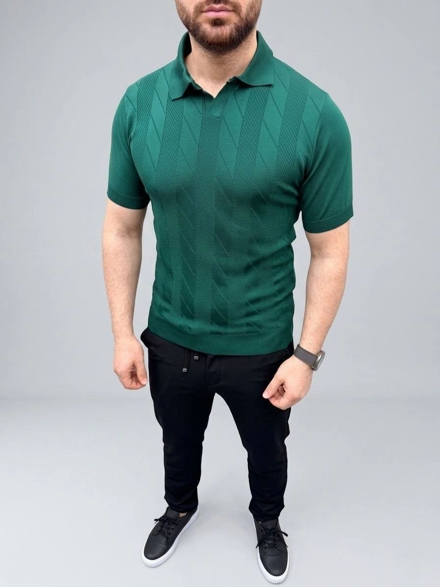 Fantastik Store Erkek Yazlık Triko Dokuma Tişört Kısa Kol Polo Yaka T-Shirt - Koyu Yeşil görsel 4