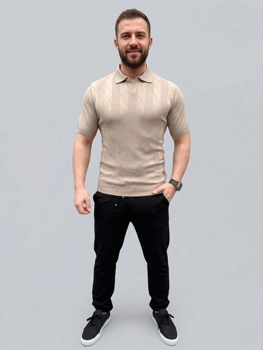 Fantastik Store Erkek Yazlık Triko Dokuma Tişört Kısa Kol Polo Yaka T-Shirt - Bej görsel 2