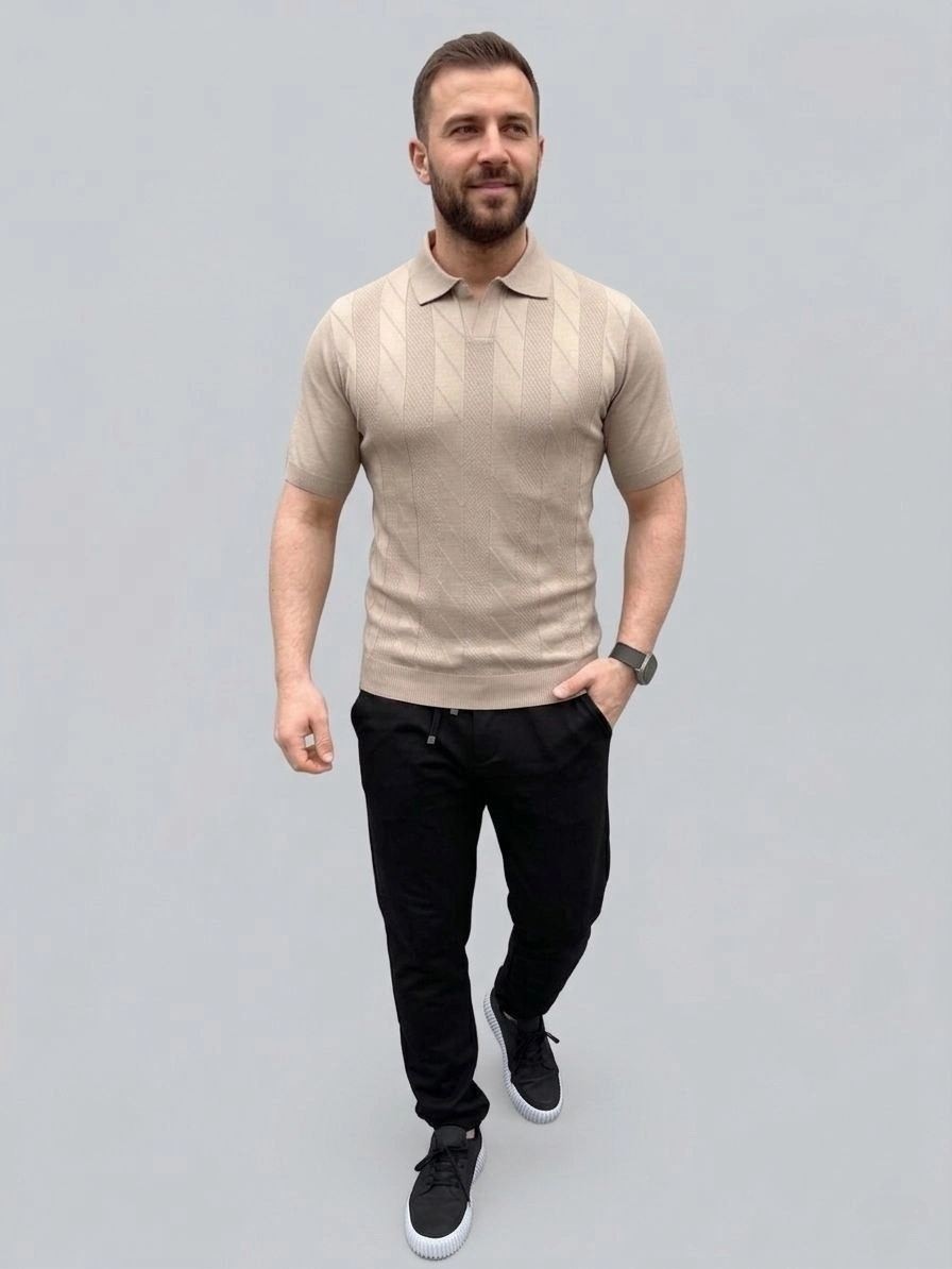 Fantastik Store Erkek Yazlık Triko Dokuma Tişört Kısa Kol Polo Yaka T-Shirt - Bej görsel 3