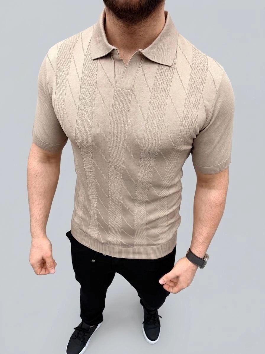 Fantastik Store Erkek Yazlık Triko Dokuma Tişört Kısa Kol Polo Yaka T-Shirt - Bej görsel 4