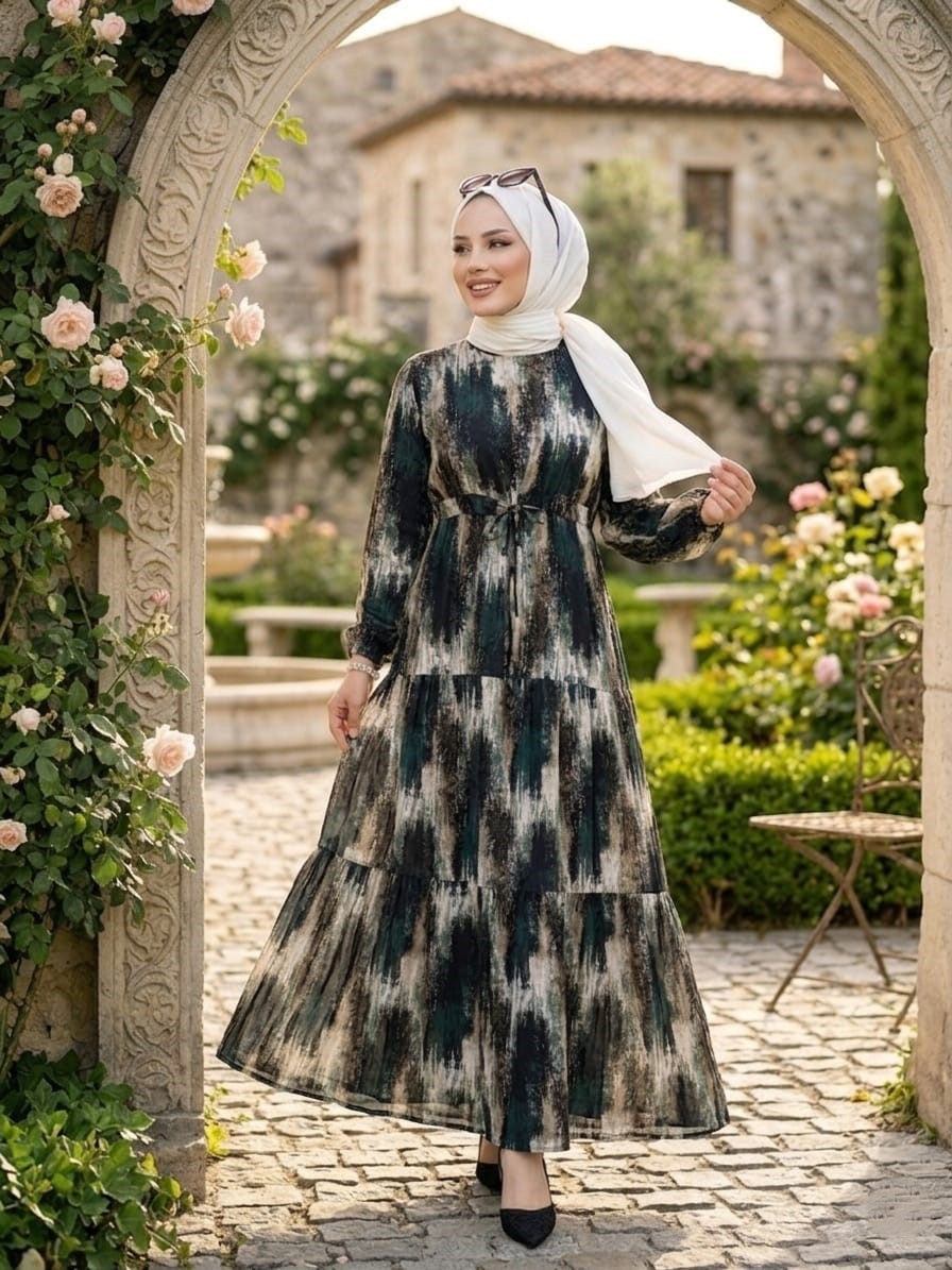 Mismoly Belden Bağlamalı Desenli Günlük Rahat Elbise görsel 4