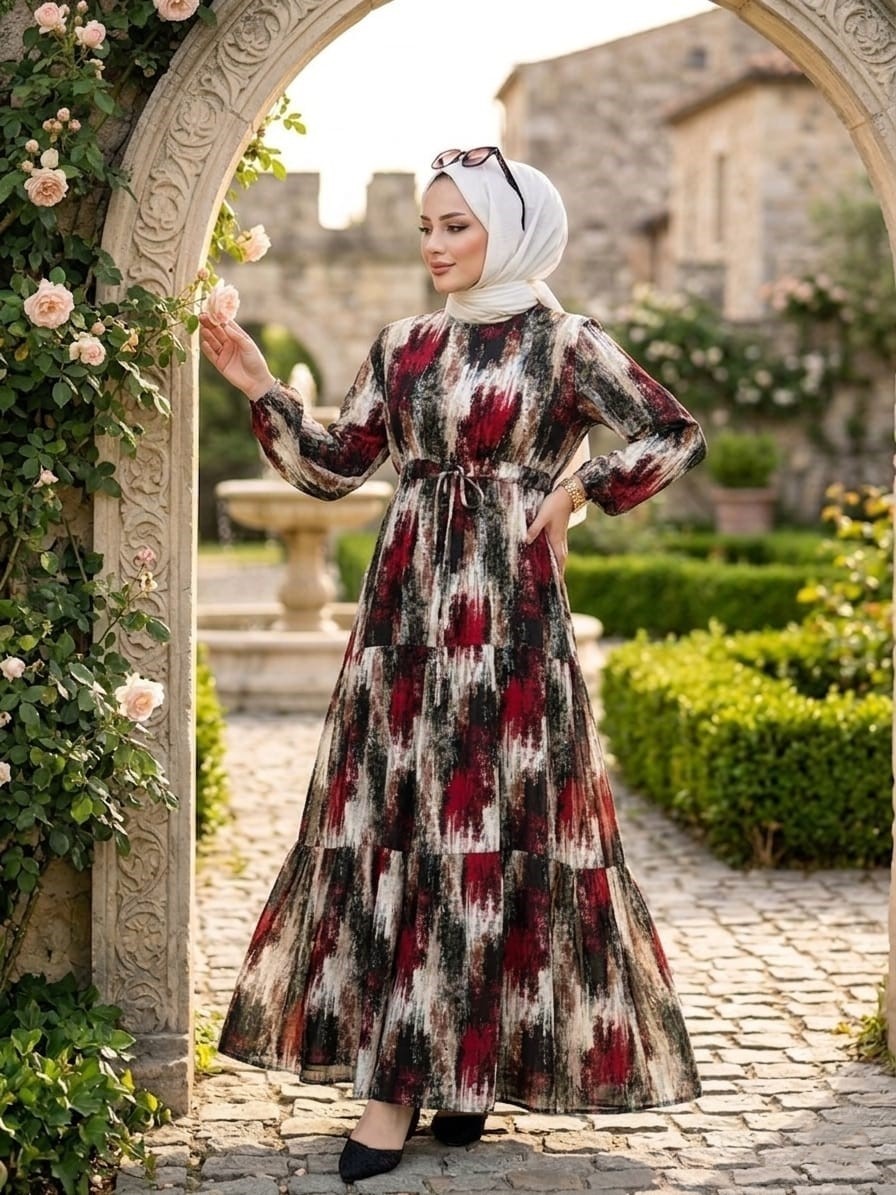 Mismoly Belden Bağlamalı Desenli Günlük Rahat Elbise görsel 6
