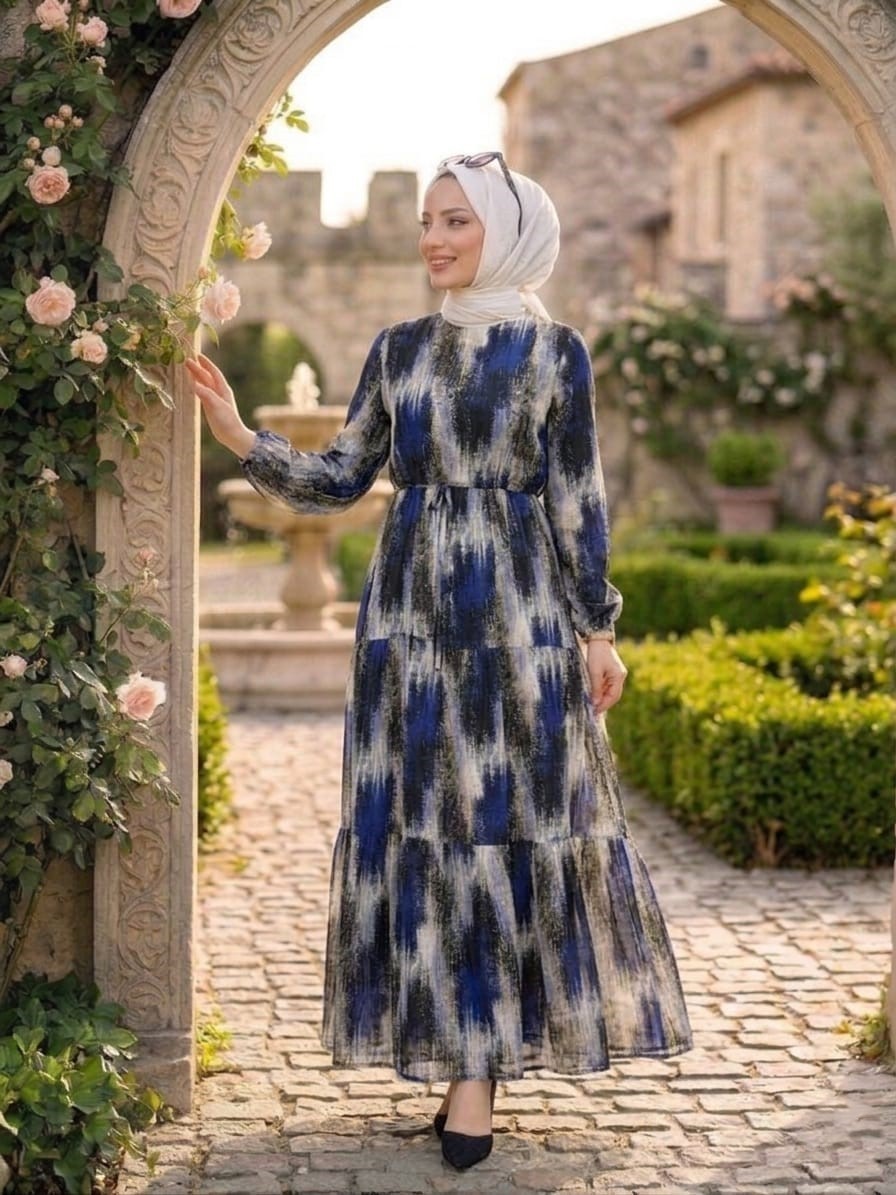 Mismoly Belden Bağlamalı Desenli Günlük Rahat Elbise