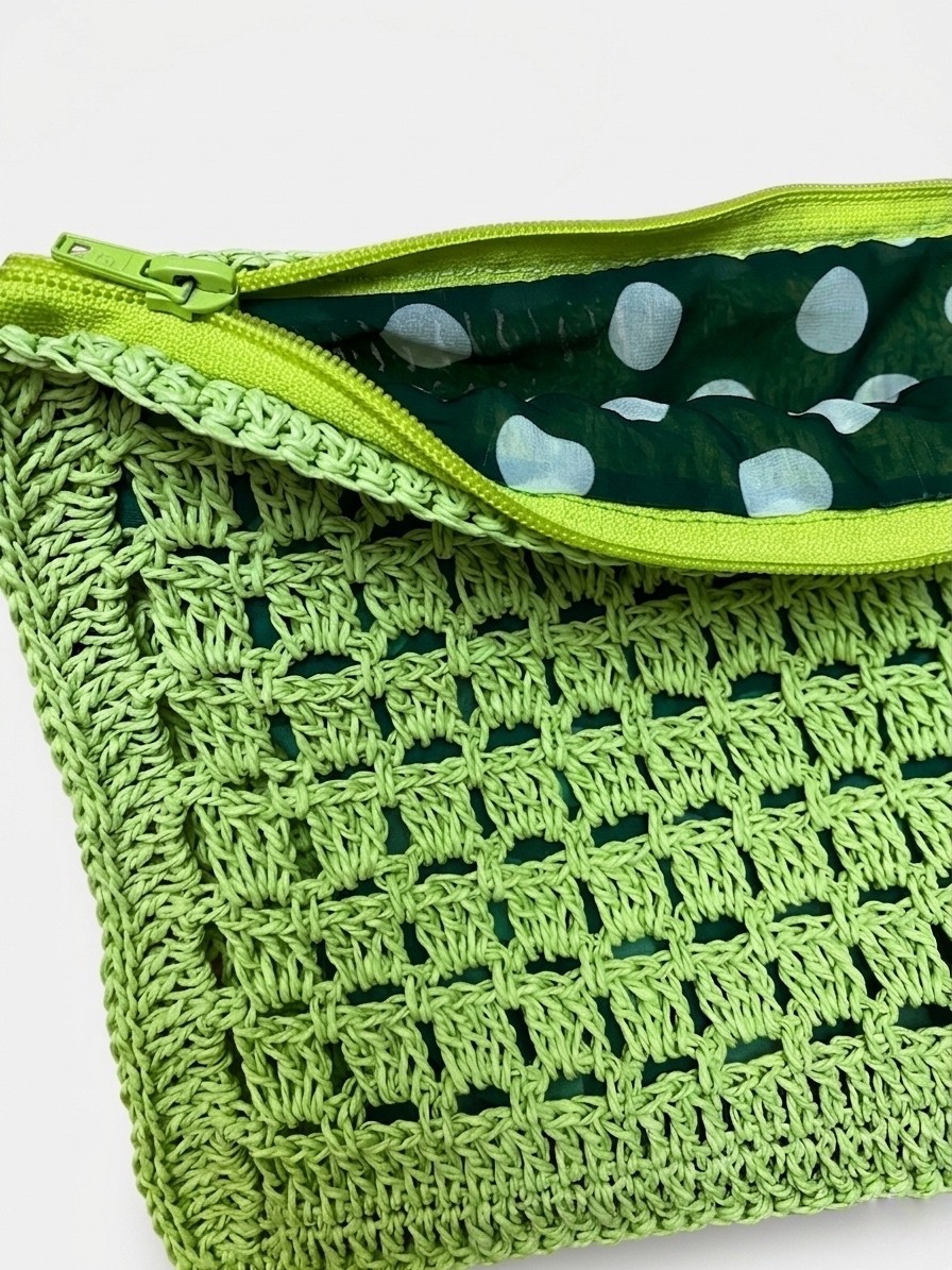 Enie Kadın Fıstık Yeşili Hasır Clutch El Yapımı Fermuarlı Çanta-Astarlı görsel 3