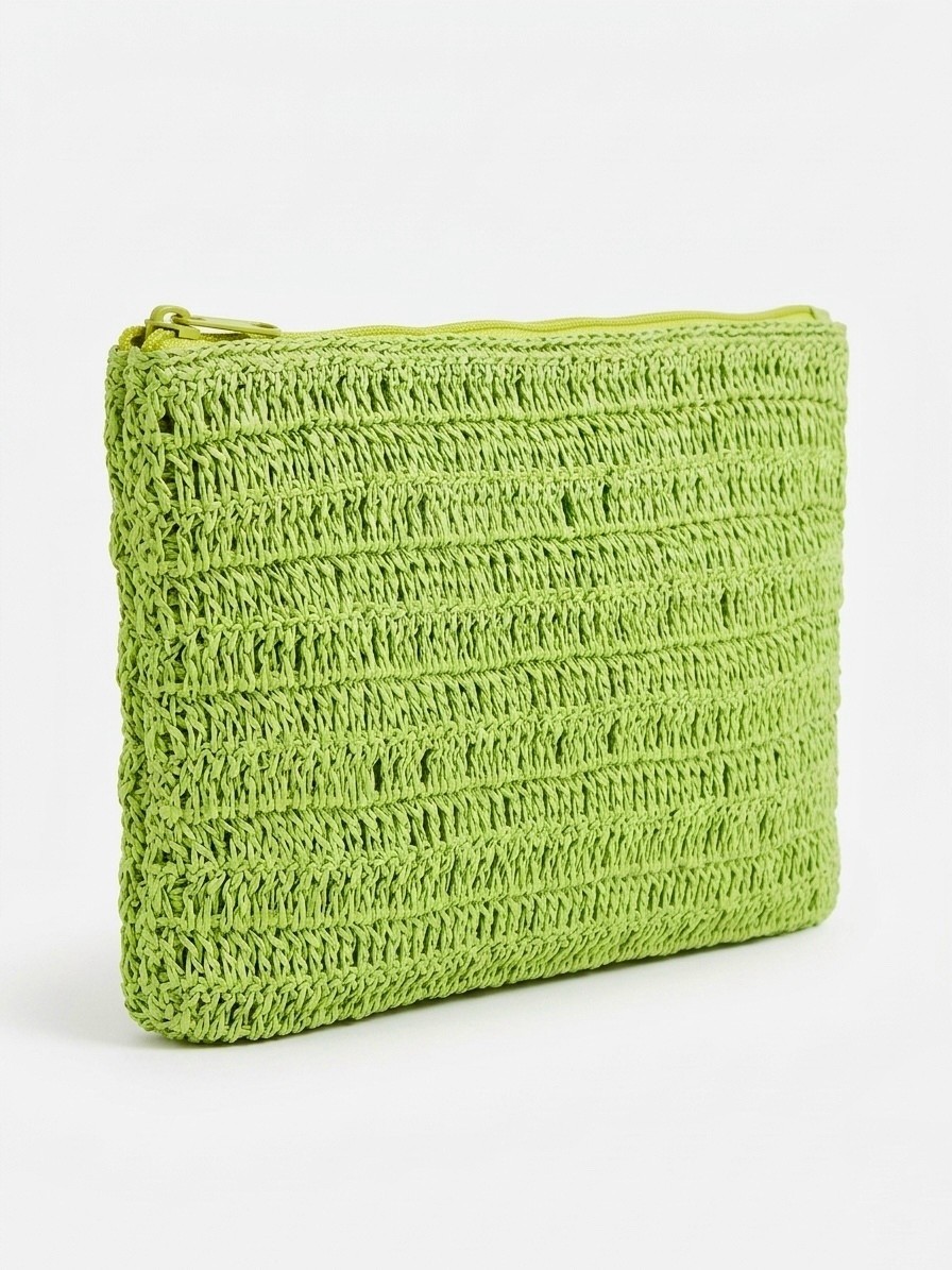 Enie Kadın Fıstık Yeşili Hasır Clutch El Yapımı Fermuarlı Çanta-Astarlı görsel 4
