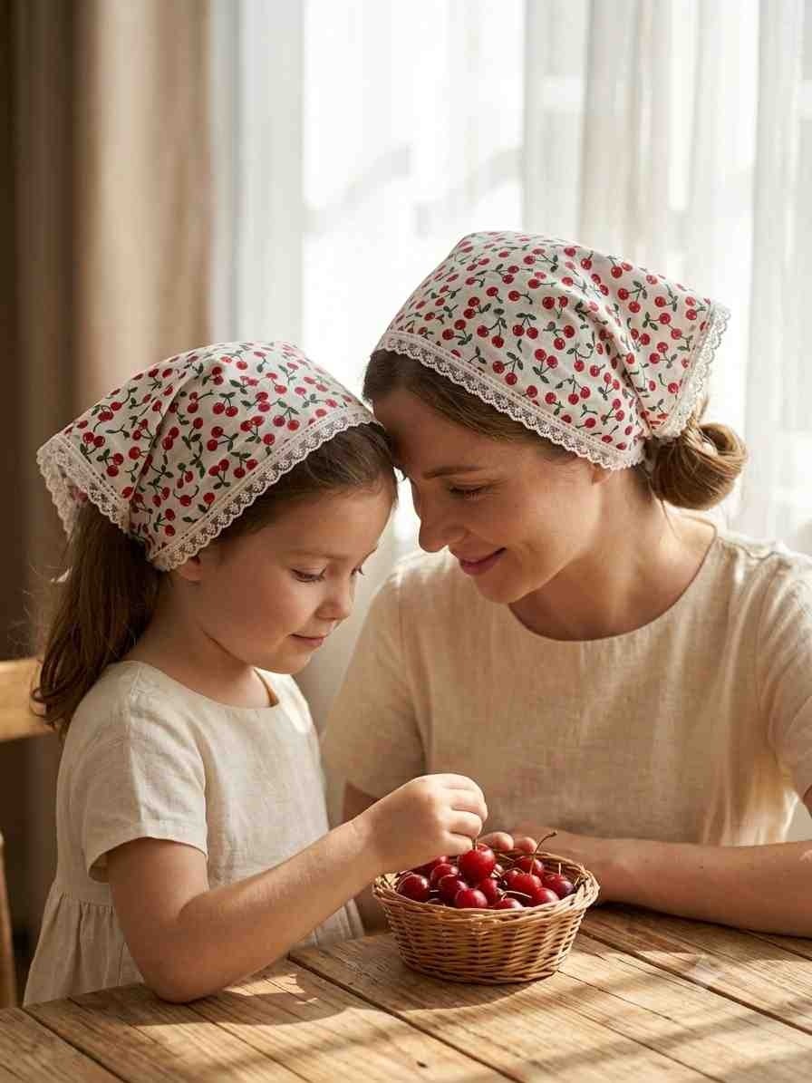 Mufin Collection Anne Kız Kiraz Desenli Dantelli Bandana Seti, Çift Kat Pamuklu Müslin Kumaş