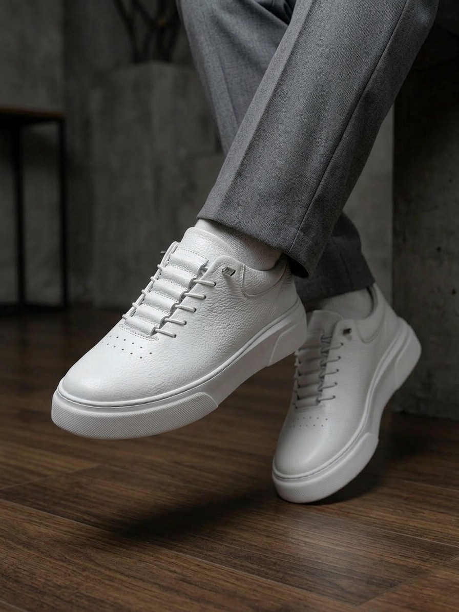 Derify Hakiki Deri Beyaz Erkek Casual Ayakkabı, Ortopedik, Ultra Rahat, Akıllı Bağcık, Günlük Sneaker