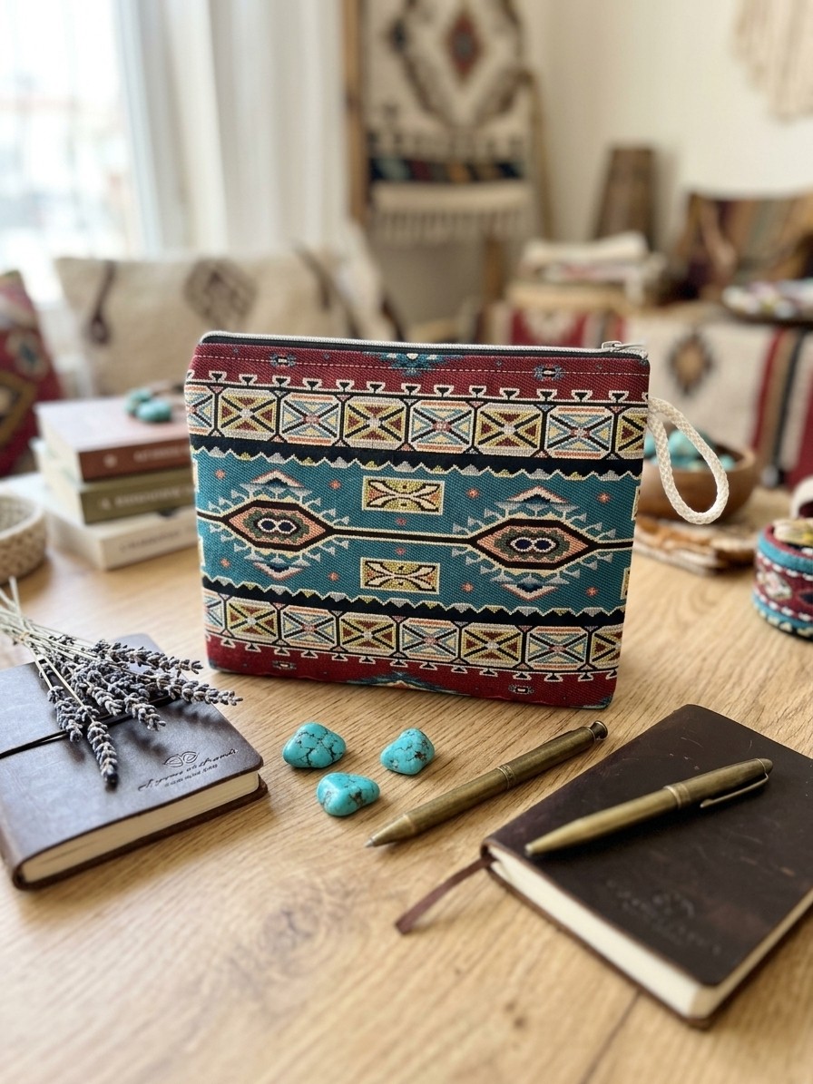 Belirtilmemiş Kilim Desenli Orta Boy Goblen Cüzdan, Şık ve Otantik El Çantası görsel 3