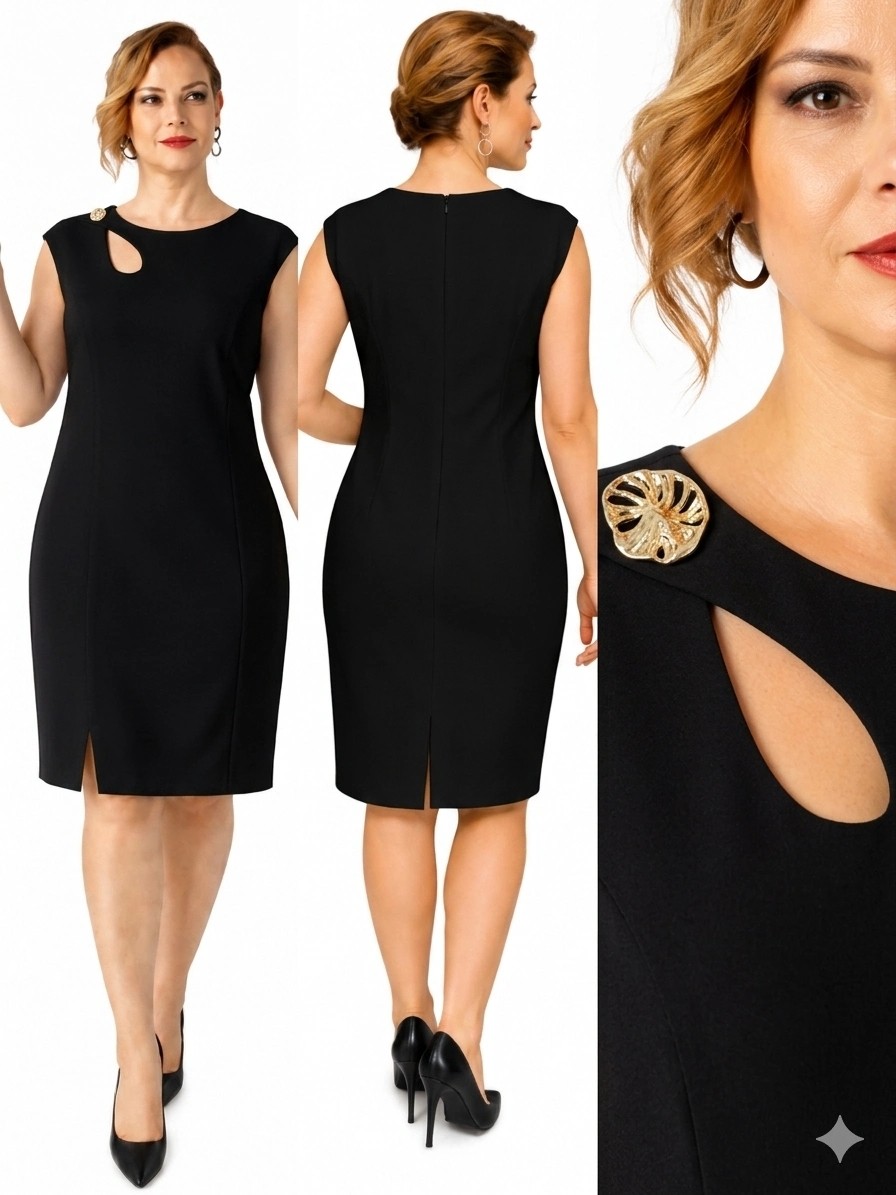 Moda Berray 1009 Siyah Damlacık Dekolteli Yaka Broşlu Kısa Şık Elbise görsel 3