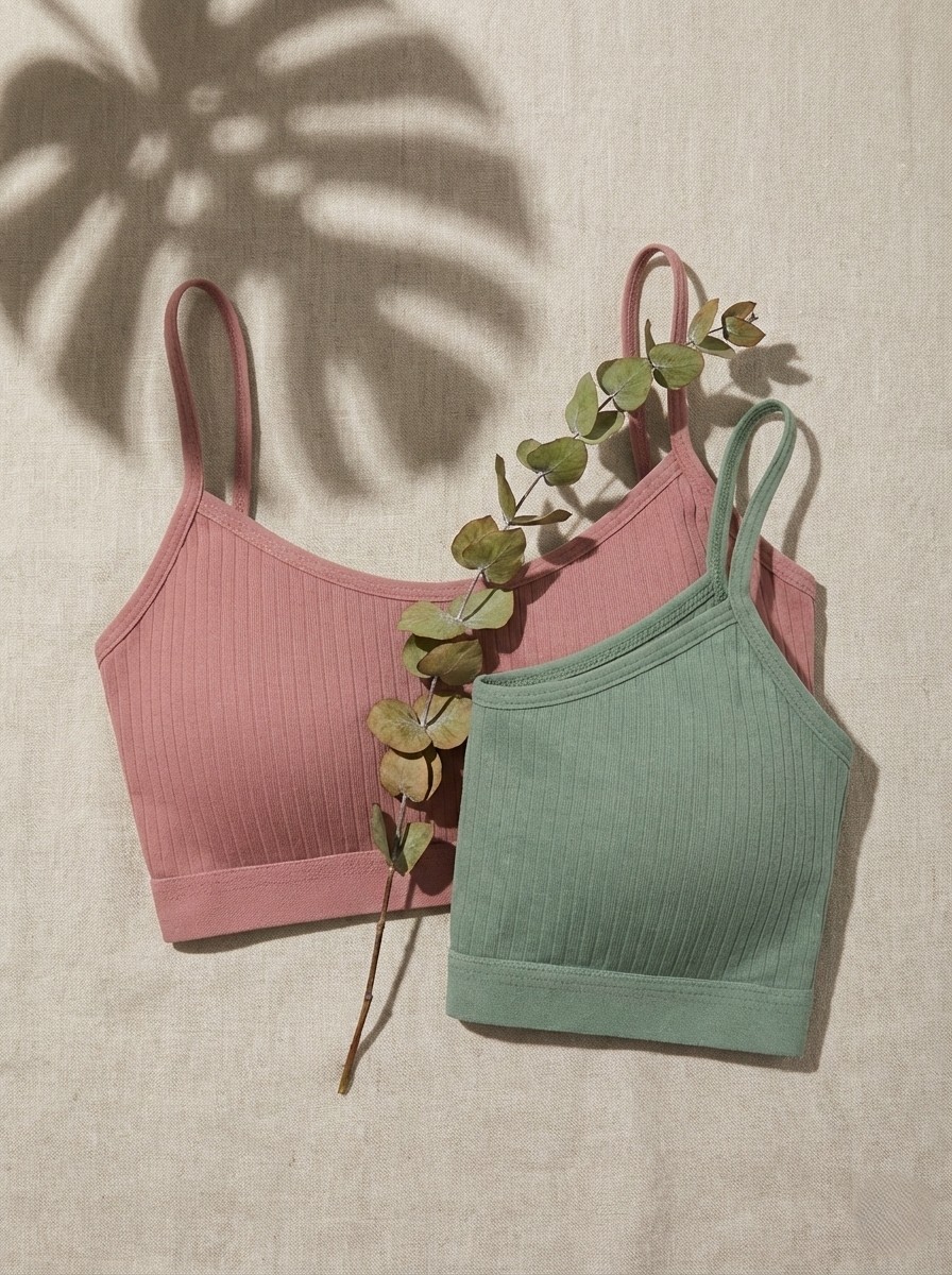 Underwear Bodyway 2'li Paket Esnek Fitilli Ribana Crop Atlet - Pamuklu Dokulu Büstiyer Set - Uyku Sütyeni görsel 8