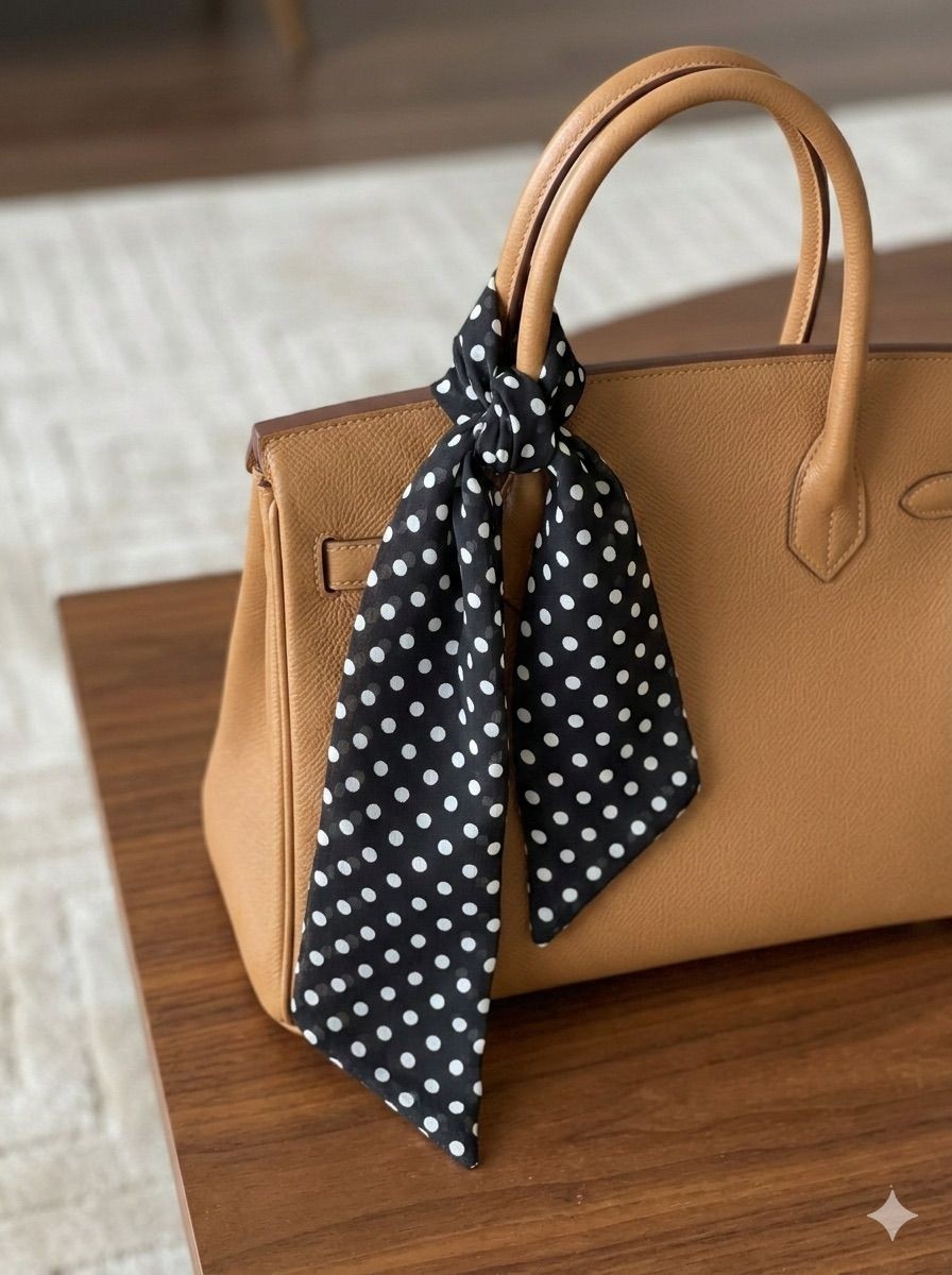 JZ Moda Çift Katlı Lüks Puantiye Desenli Twilly - 95X8 cm Entascarf -Çanta Fuları görsel 7