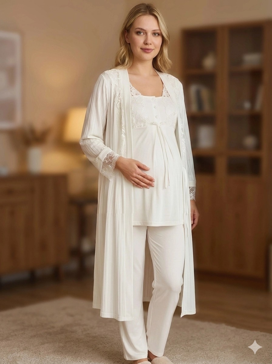 Veraura Lifestyle Bone 6205 Kadın 3'lü Jakarlı Sabahlıklı Lohusa Pijama Takımı