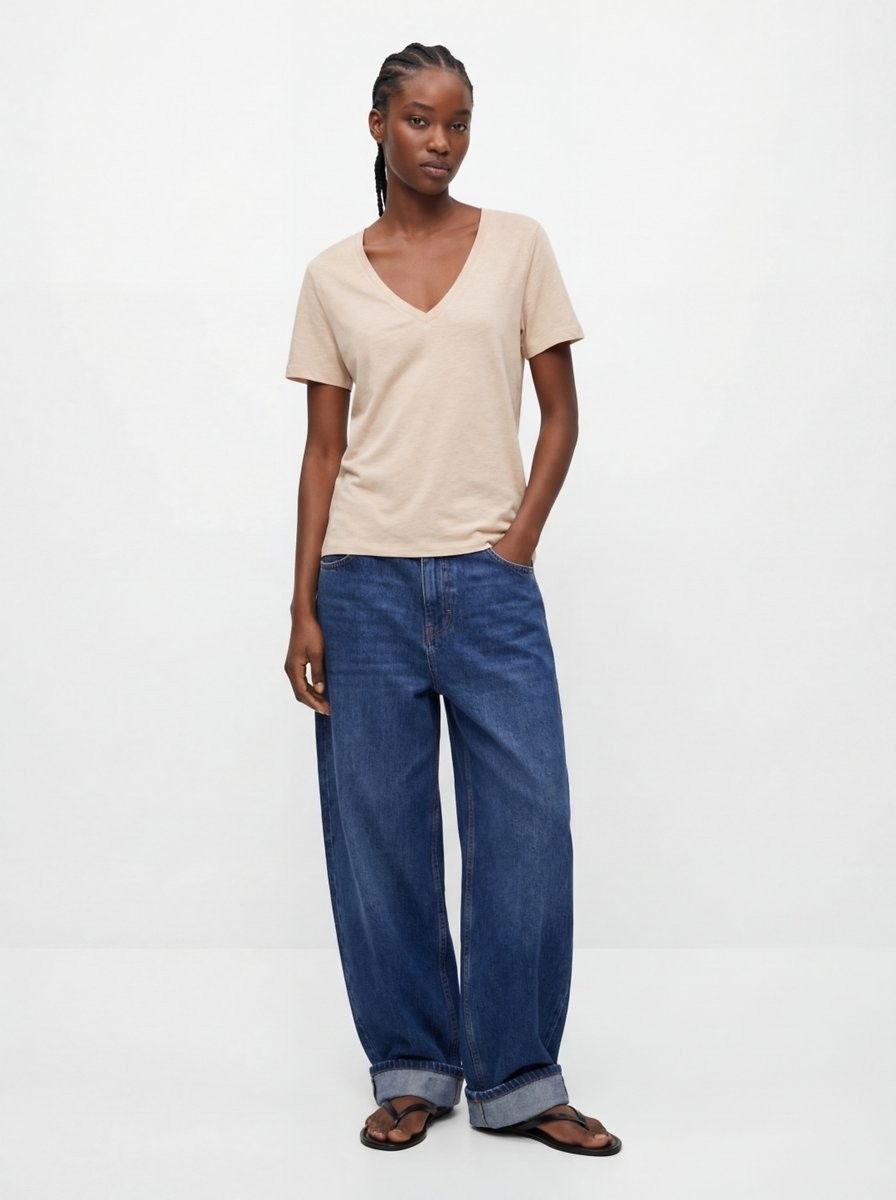 LTB V Yaka Basic Bej T-Shırt
