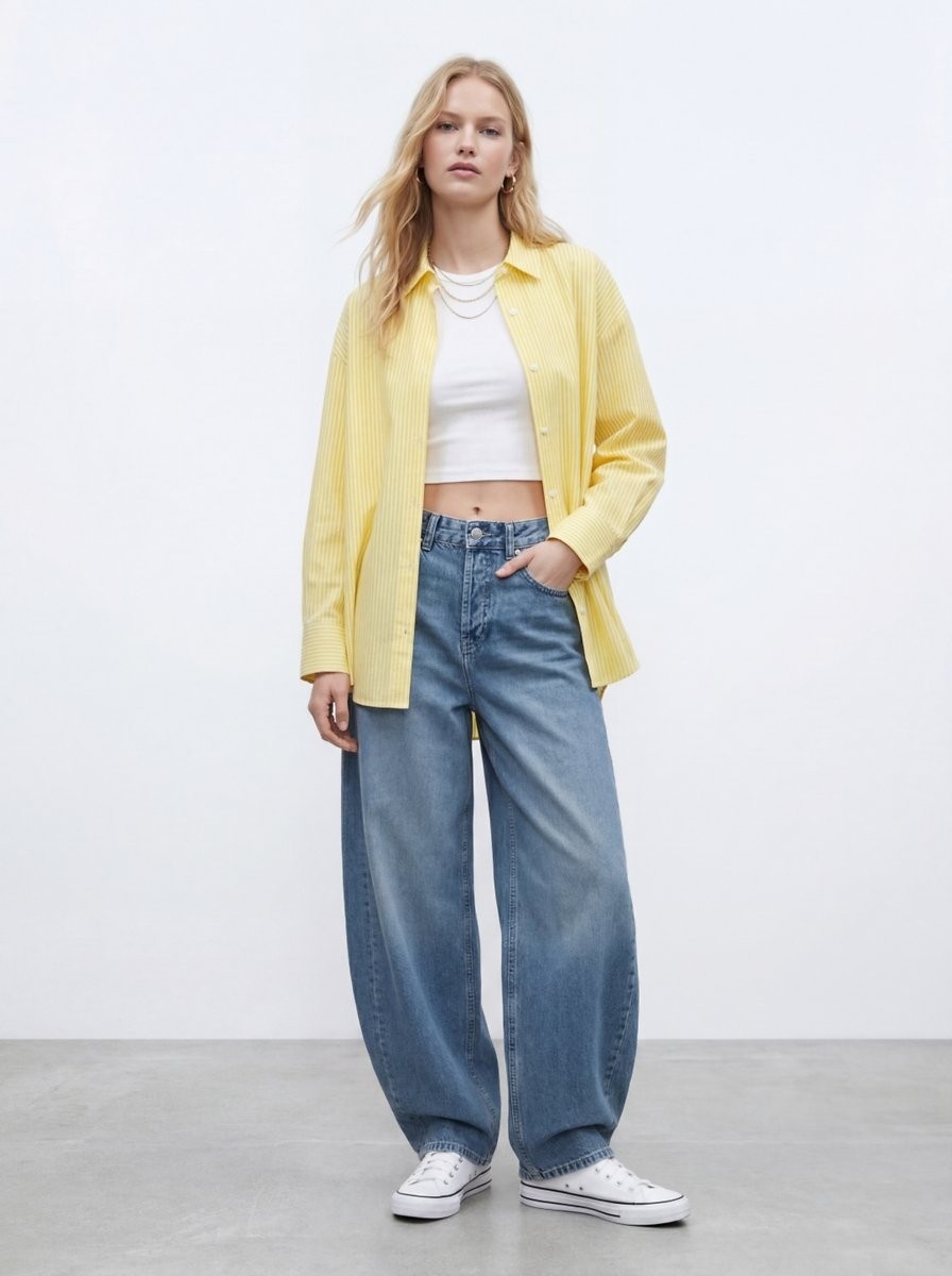 LTB Çizgili Oversize Sarı Gömlek