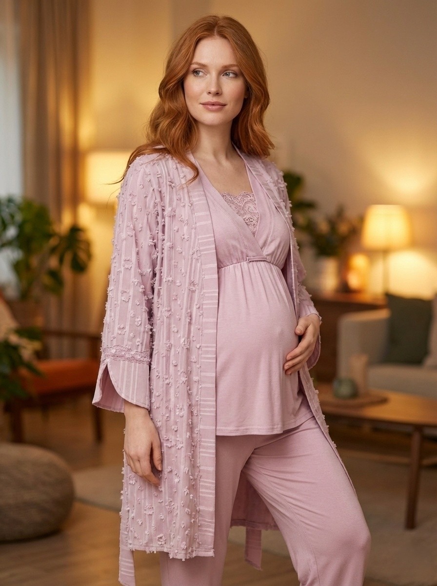 raia Yeni Sezon Gülkurusu Yazlık Kolay Emzirme Özellikli Tasarım Kısa Kol Dokuma Hamile Lohusa Sabahlık Pijama Takımı 3'lü Set