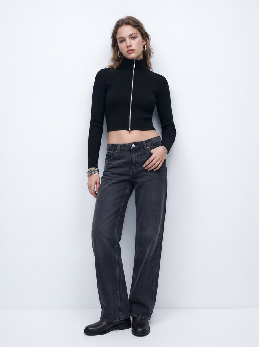 LTB Slim Fit Dik Yaka Crop Siyah Kazak