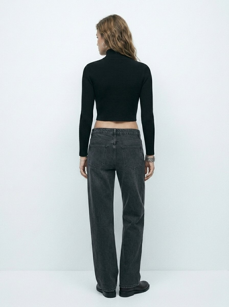 LTB Slim Fit Dik Yaka Crop Siyah Kazak görsel 2
