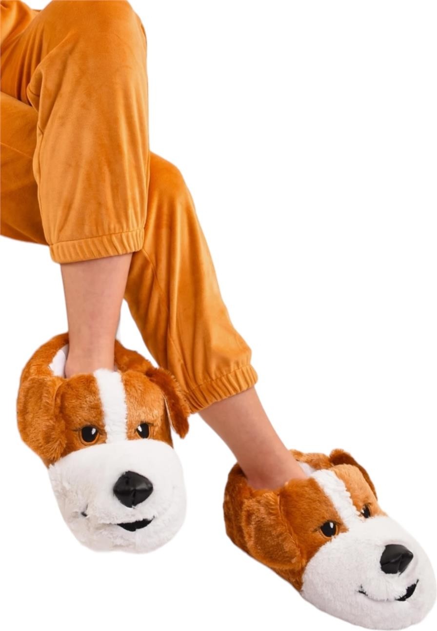 Liger Unisex Sevimli Köpek Figürlü Kaymaz ve Ses Yapmaz Taban Ev Panduf Pudra
