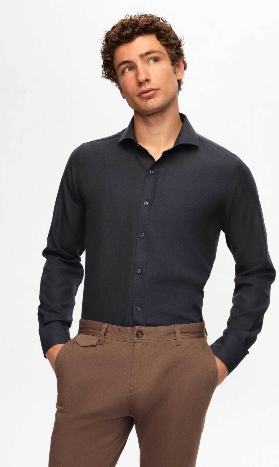 D'S Damat Ds Damat Slim Fit Acı Kahve Klasik Kravatlık Uzun Kol Kolay Ütülenebilir Gömlek 2HF02ORT5185