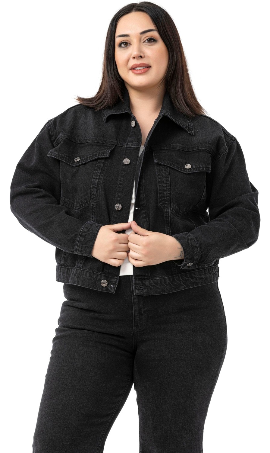 Disentis Modest Büyük Beden Göğüsten Çift Cepli Kısa Mavi Denim Ceket görsel 2