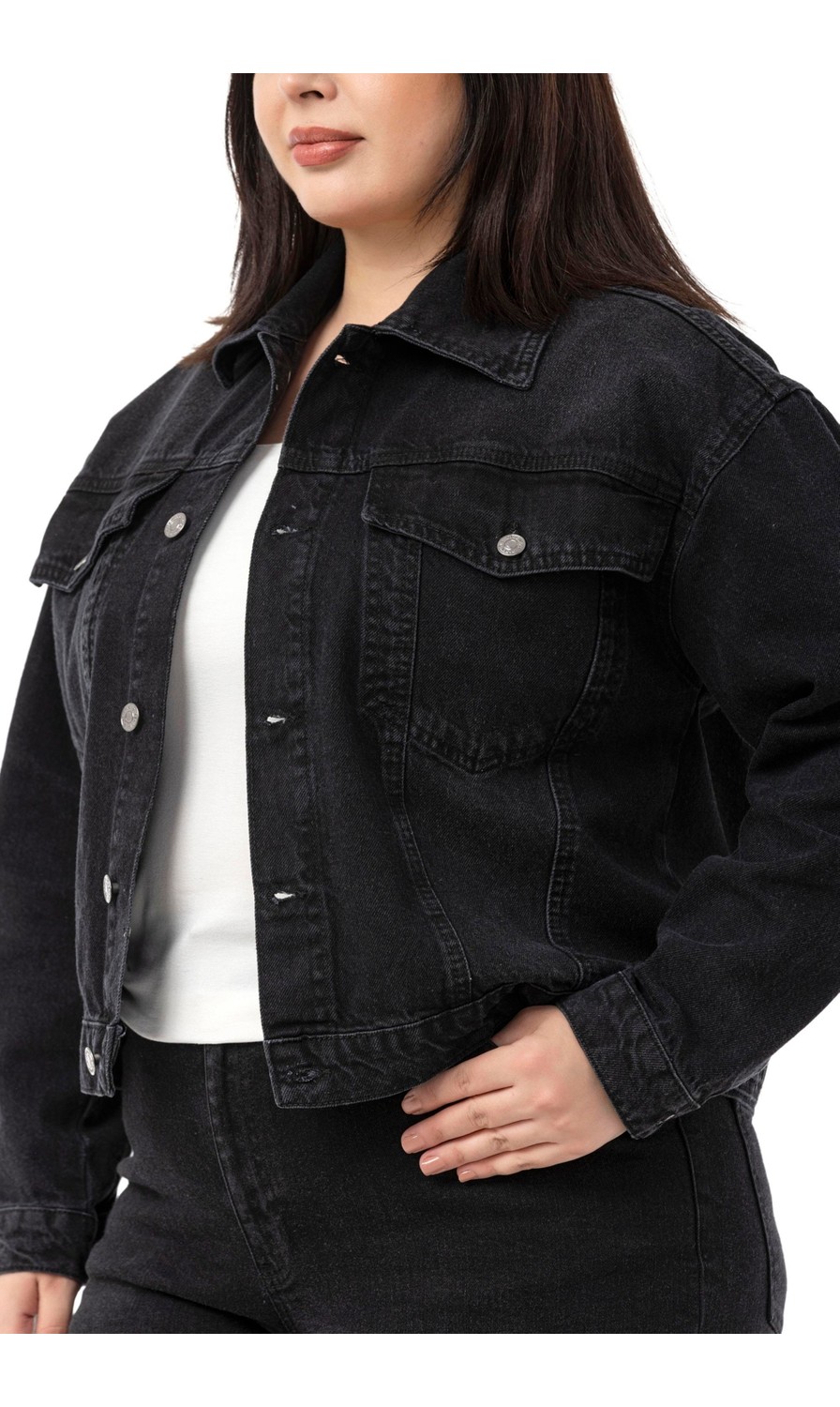 Disentis Modest Büyük Beden Göğüsten Çift Cepli Kısa Mavi Denim Ceket görsel 5