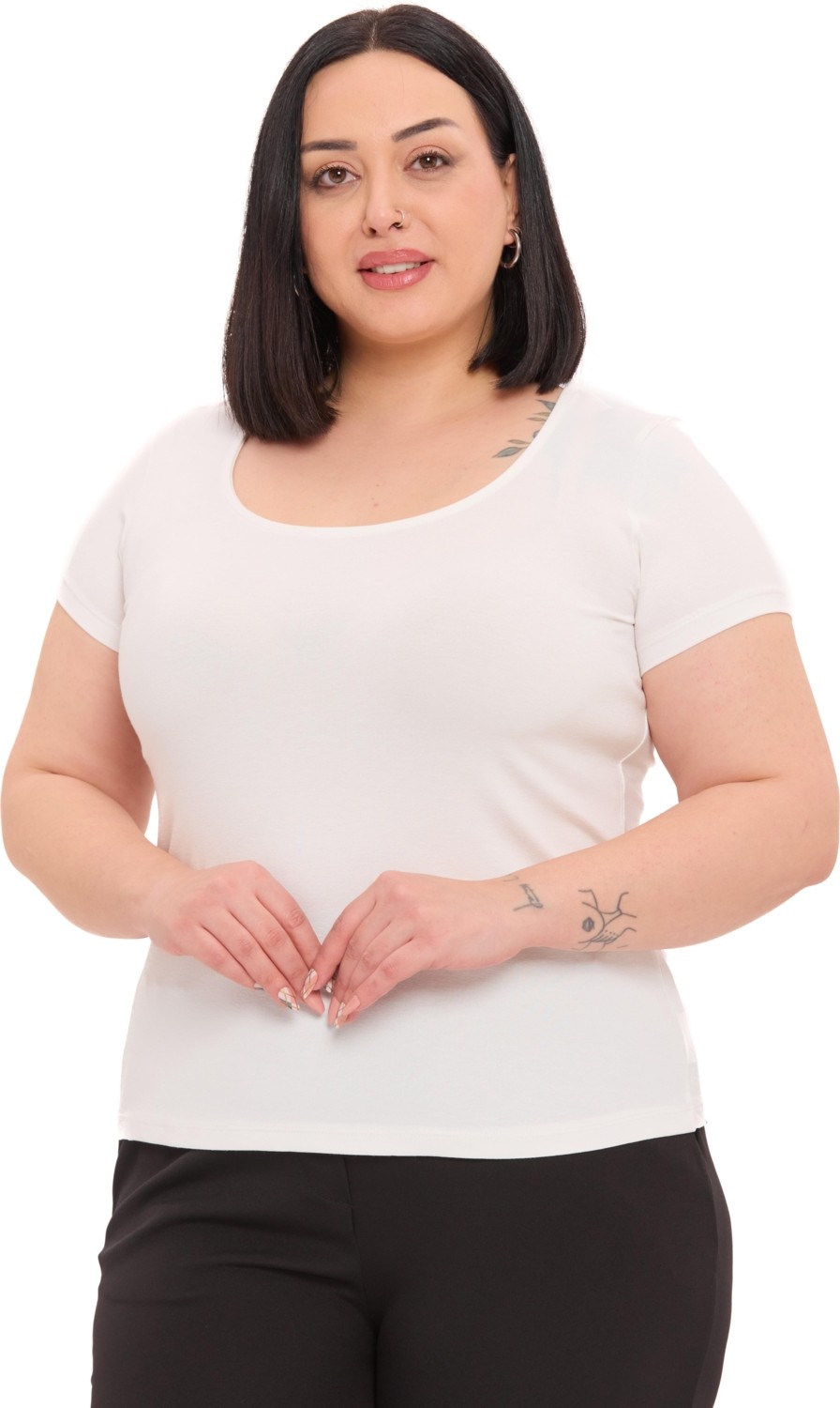 Disentis Modest Büyük Beden Kadın U Yaka Kısa Kollu Siyah Viskon Body Slim Fit Düz Desen