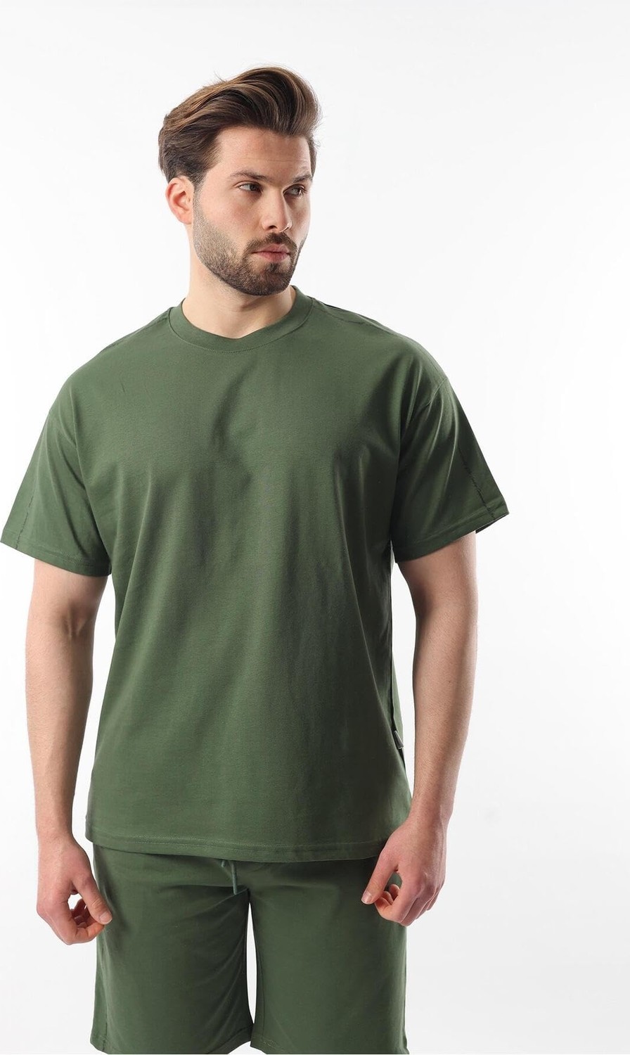 Esranın Dünyası Madmext Haki Overfit Baskılı Erkek Şort T-Shirt Takım E7302,HAKI M görsel 2