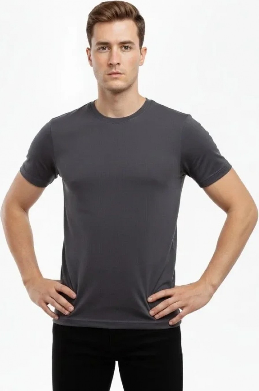 Pileli Store Erkek T-Shirt Bisiklet Yaka Slim Fit Dar Kesim Likralı Tişört Günlük Basic Body - Füme görsel 2