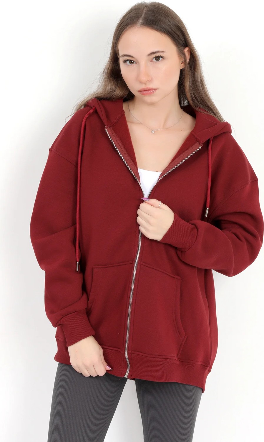 Giysa Kadın Indigo Fermuarlı Şardonlu Kapüşonlu Oversize Sweatshirt - 9015