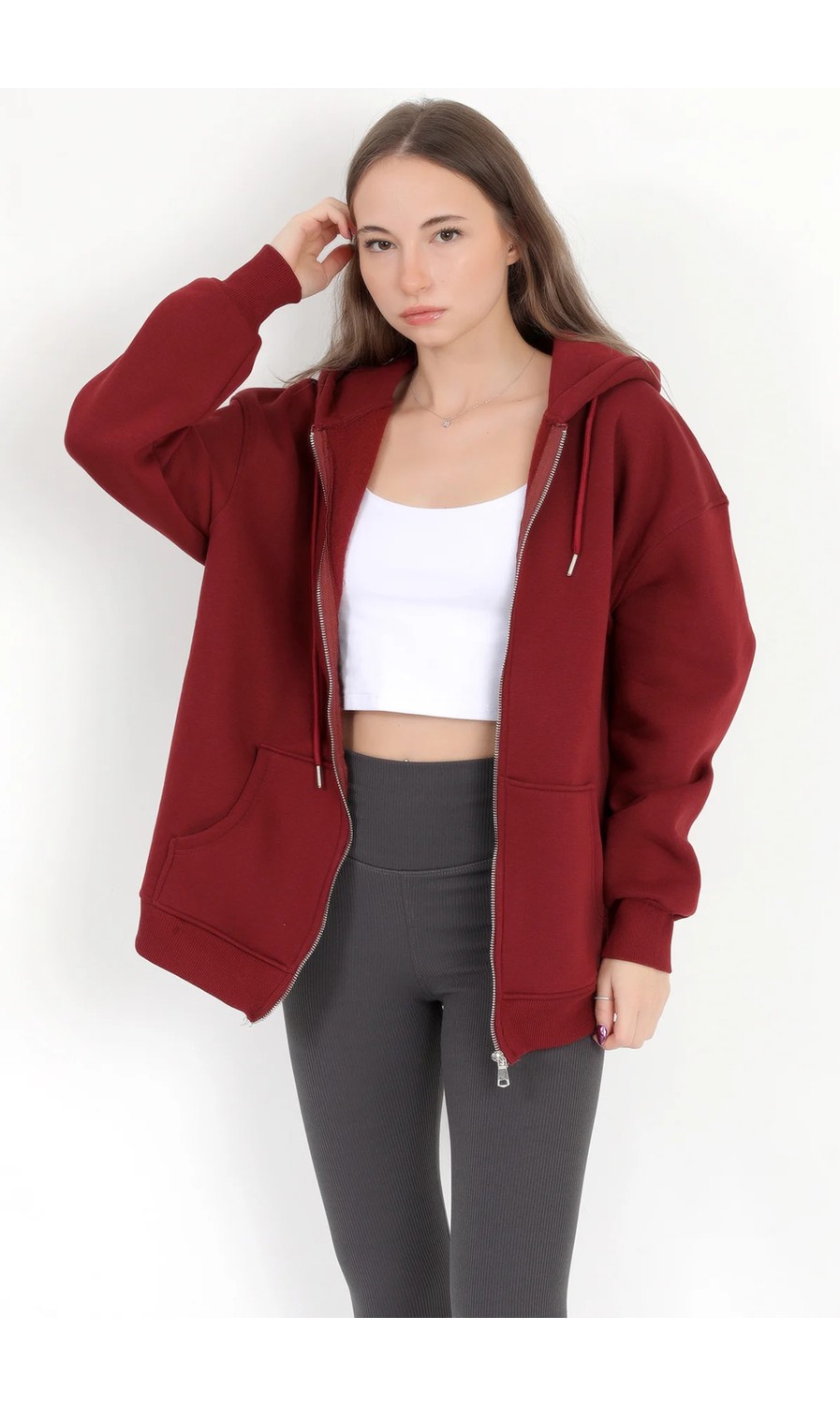 Giysa Kadın Indigo Fermuarlı Şardonlu Kapüşonlu Oversize Sweatshirt - 9015 görsel 2