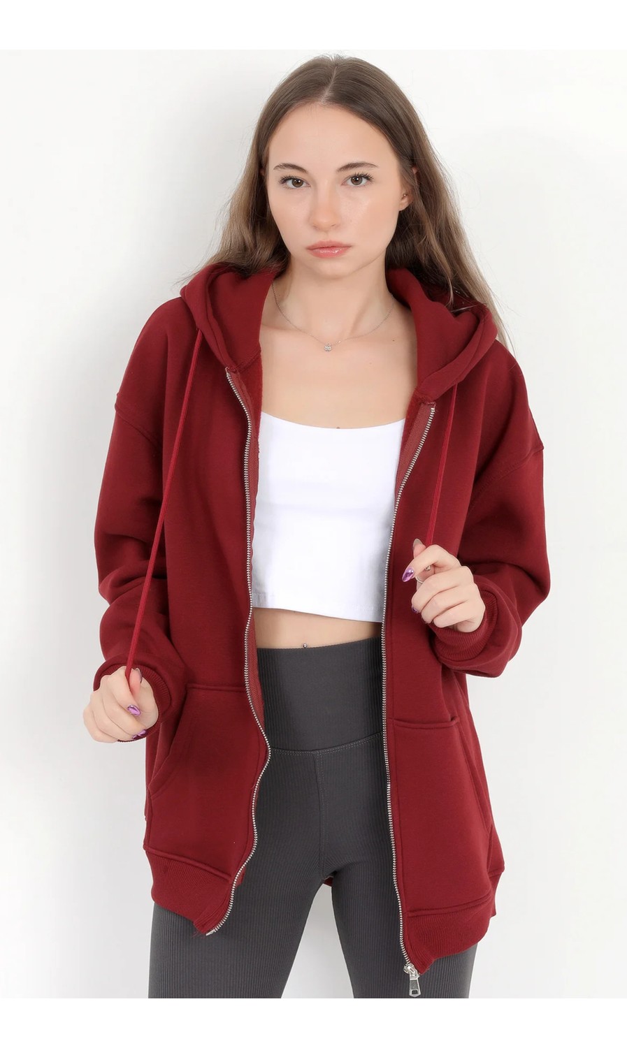 Giysa Kadın Indigo Fermuarlı Şardonlu Kapüşonlu Oversize Sweatshirt - 9015 görsel 5