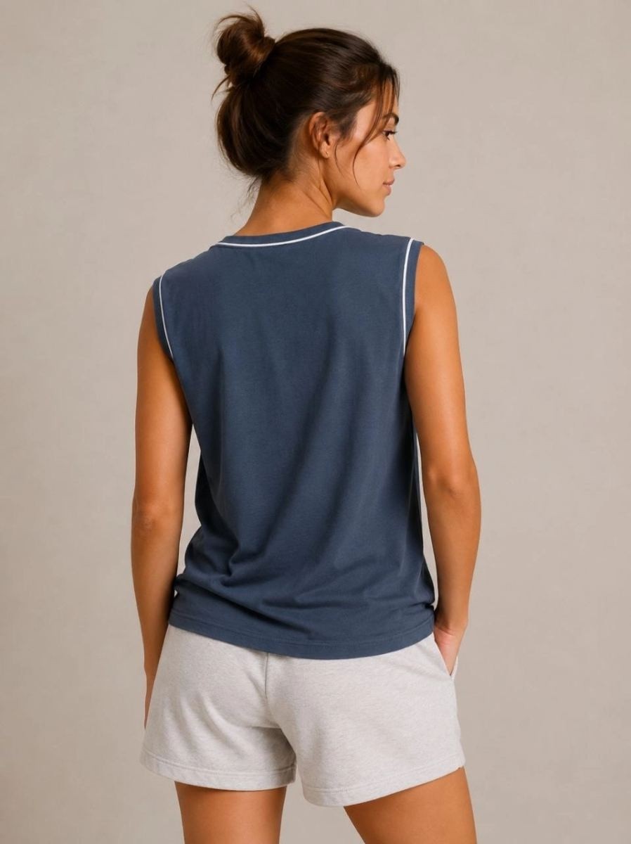 Fantastik Store Kadın Kontrast Biyeli Kolsuz Atlet Bisiklet Yaka Yazlık Basic Atlet - Indigo görsel 2