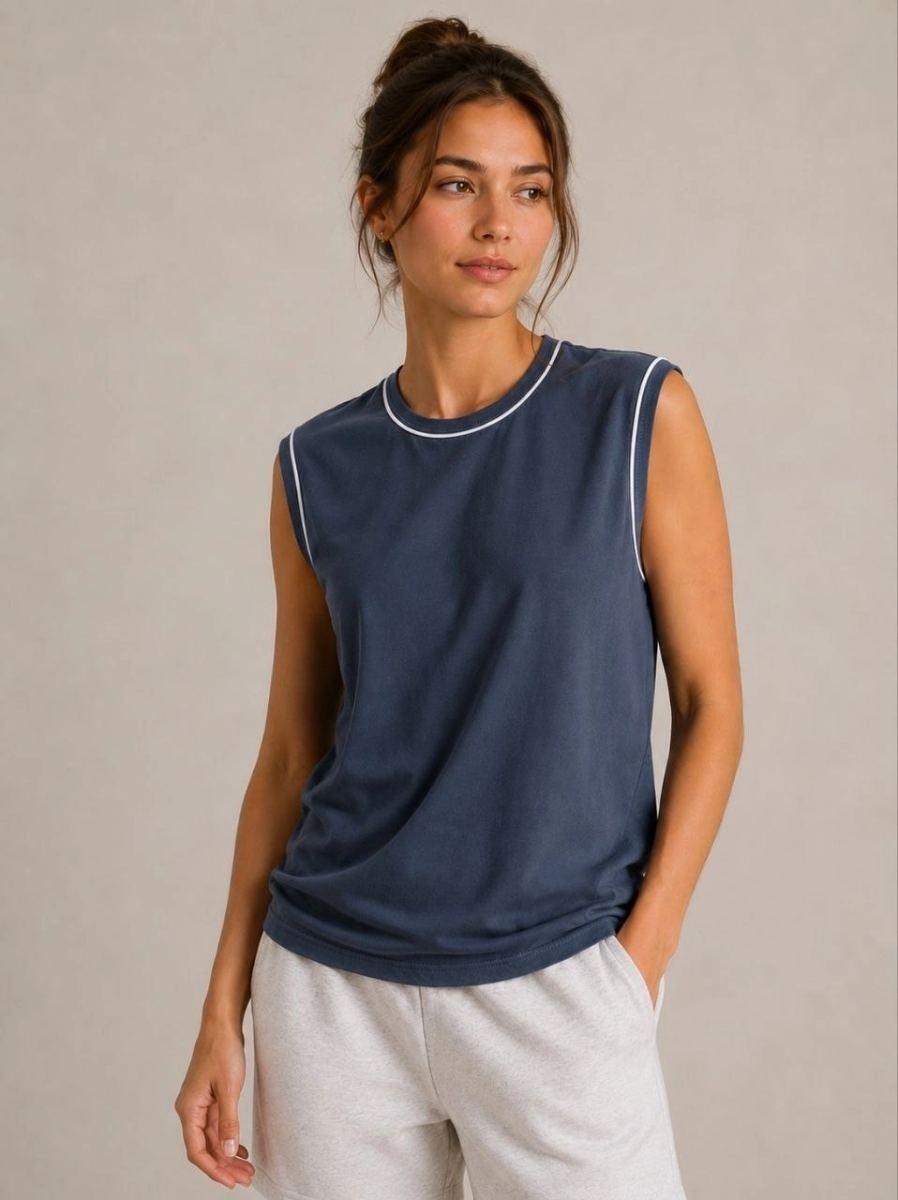 Fantastik Store Kadın Kontrast Biyeli Kolsuz Atlet Bisiklet Yaka Yazlık Basic Atlet - Indigo görsel 3