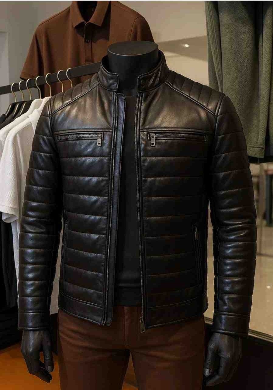 Moda Erkek Kahverengi Fermuarlı Cepli Hakiki Kuzu Derisi Şişme Deri Ceket Mont