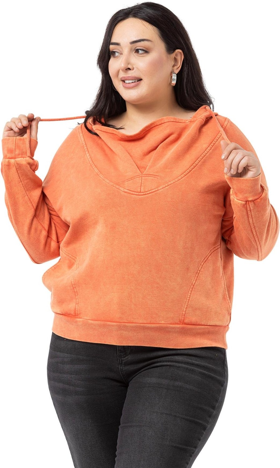 Disentis Modest Büyük Beden Degaje Kapüşonlu Yaka Cepli Parça Boyalı Üç Iplik Yeşil Sweatshirt